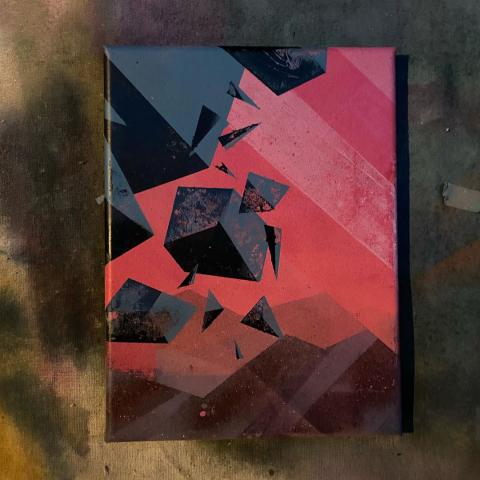 Spray paint on canvas painting of disintegrating shapes