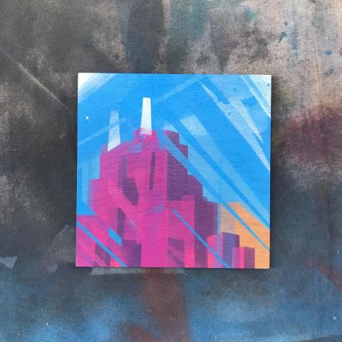 Small spray paint painting of a factory