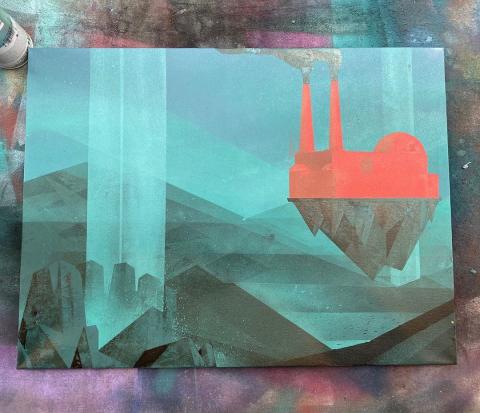 Spray paint painting of a factory on a floating island