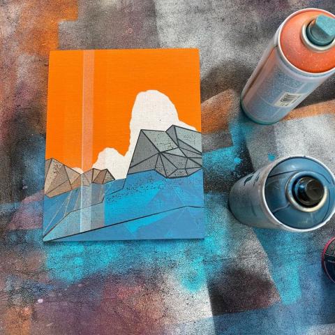 Spray paint painting of Mt. Evans from the east