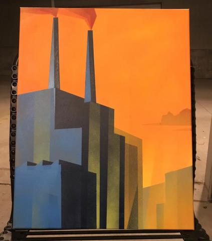 Spray paint painting of a power plant at dusk