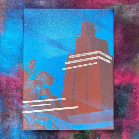 Spray paint painting of a building dreamed by the artist