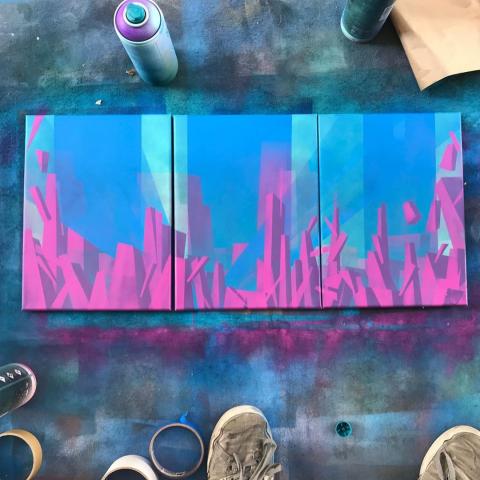 Spray paint on canvas triptych painting of architectural graffiti