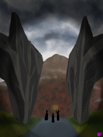 digital painting of "Dark Stones at Center with Spectators on Mountain"