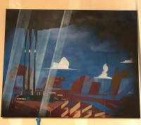 Spray paint painting of smokestacks towering over a landscape